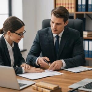 Lawyer explaining contract details to a client in a professional setting