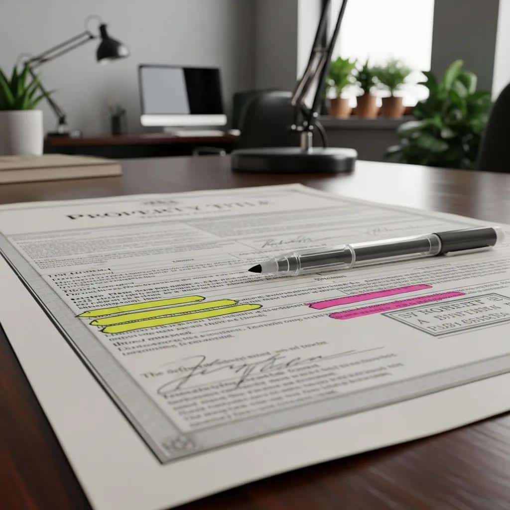 Close-up of a property title document with highlighted sections, emphasizing common title defects, on a wooden desk in an office setting with plants and a computer in the background.