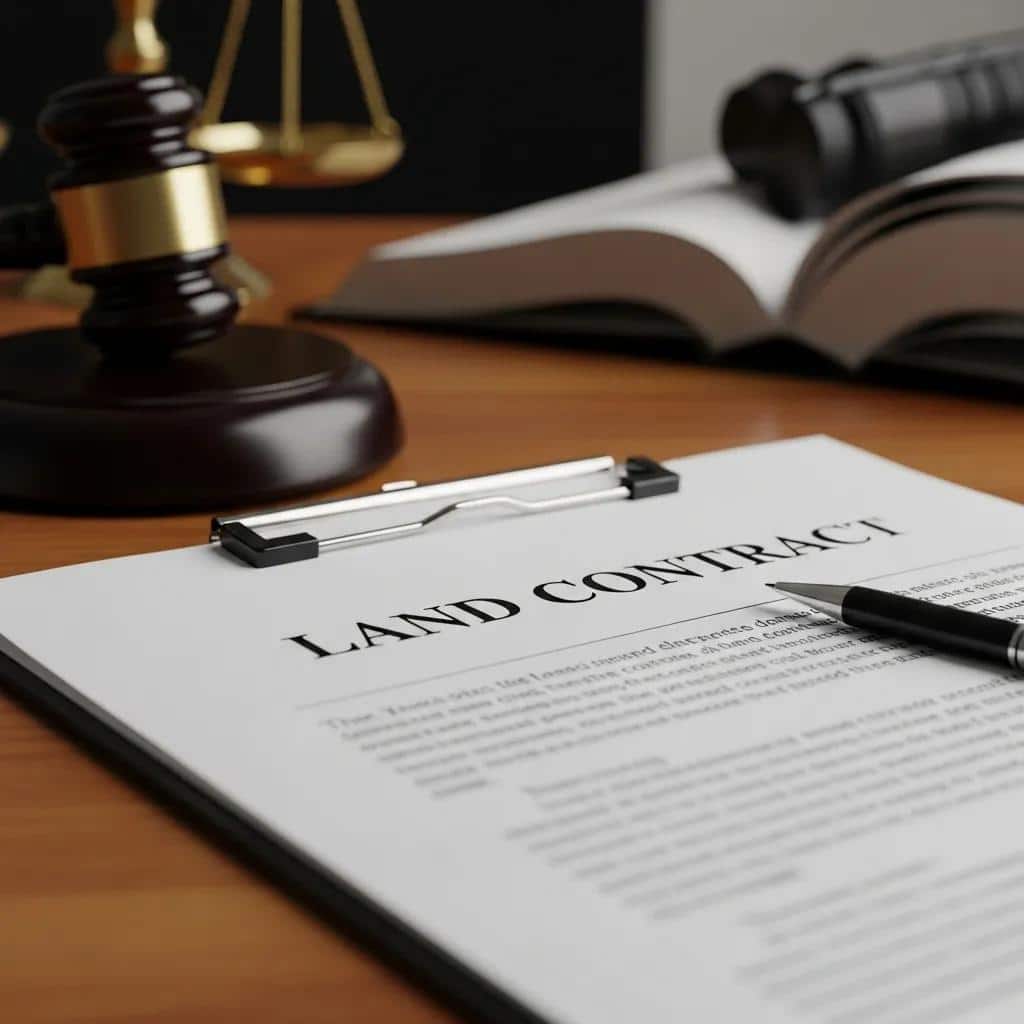 Close-up of a land contract document on a legal desk with a gavel and scales of justice, symbolizing seller financing and legal considerations in Michigan land contracts.