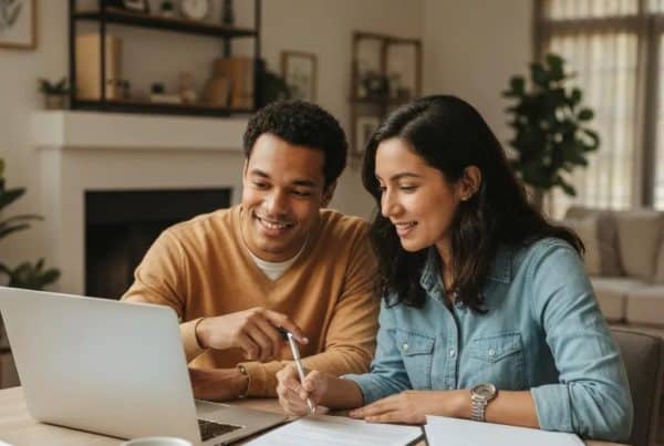 Couple discussing property contract in a cozy home setting