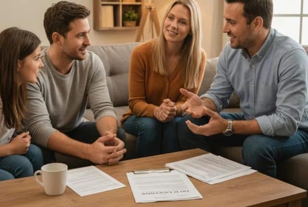 Family discussing a contract for deed in a cozy living room, emphasizing home financing