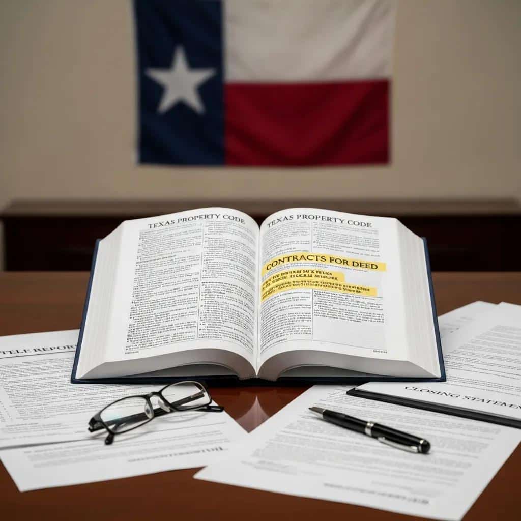 Open Texas Property Code book highlighting "Contracts for Deed," with legal documents and glasses on a desk, Texas flag in background, illustrating legal framework for seller financing in Texas.
