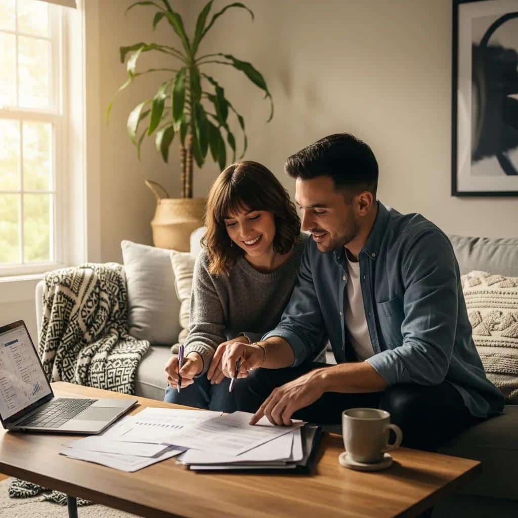 Couple discussing home purchase options with paperwork and laptop in a cozy living room, illustrating the benefits of Contract for Deed arrangements.