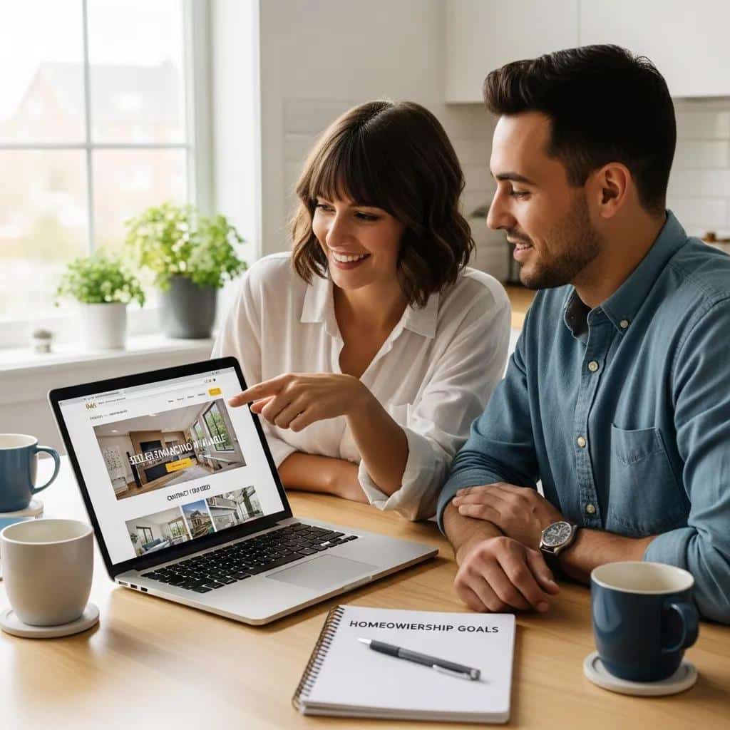 Couple reviewing property listings and financing options at a kitchen table