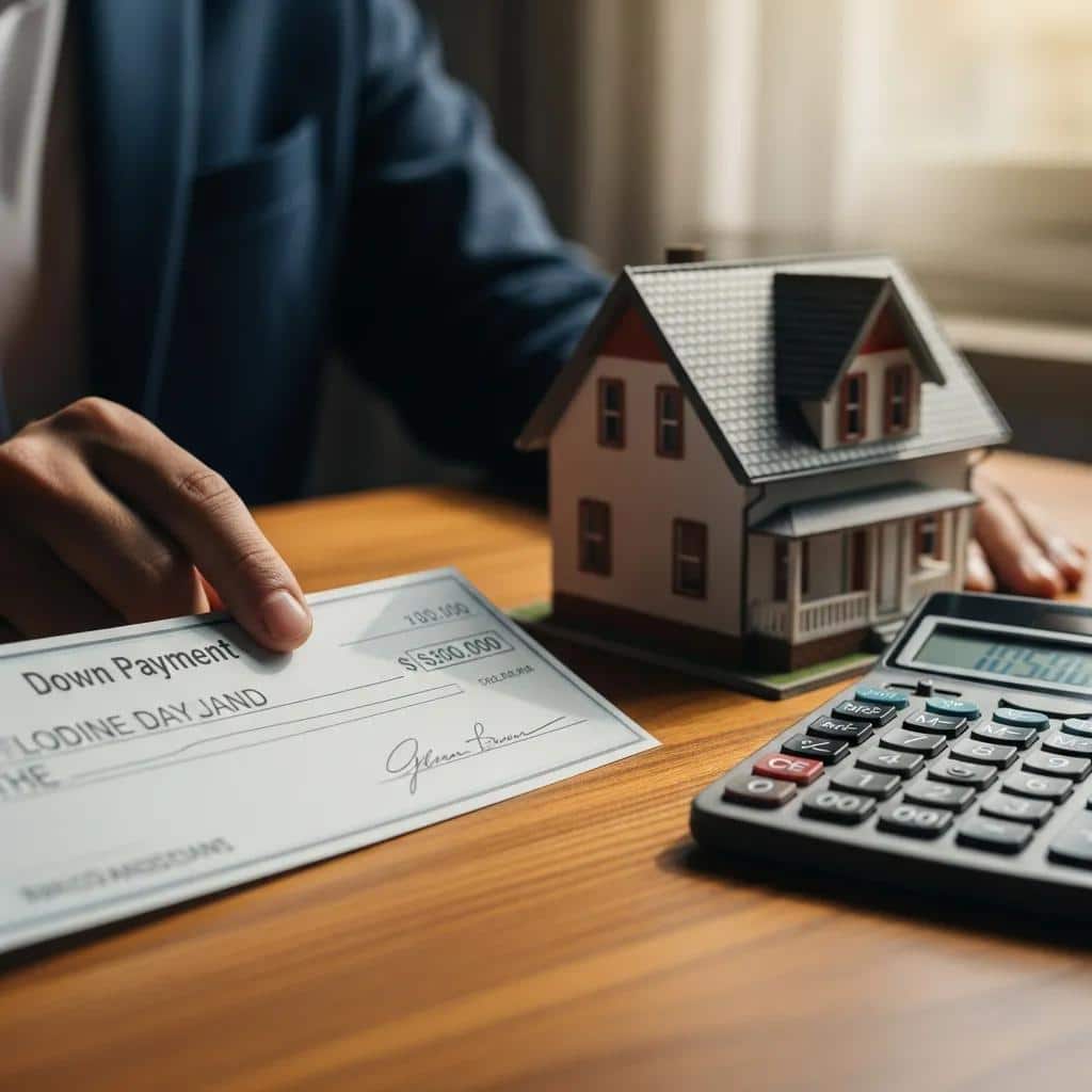 Hand placing a down payment check beside a house model and calculator