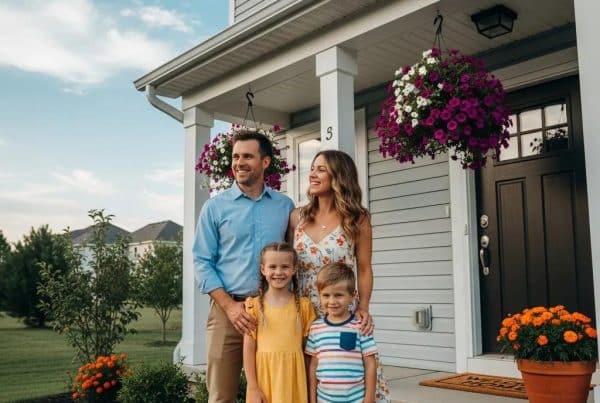 Happy family in front of their new home representing homeownership opportunities for individuals with bad credit