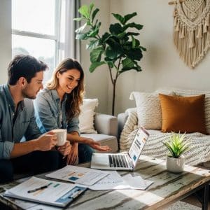 Self-employed homebuyers discussing flexible financing options in a cozy living room
