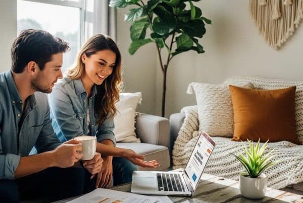 Self-employed homebuyers discussing flexible financing options in a cozy living room