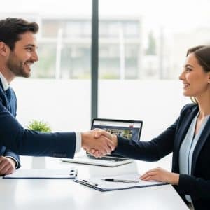 Seller and buyer shake hands in an office after completing a successful agreement
