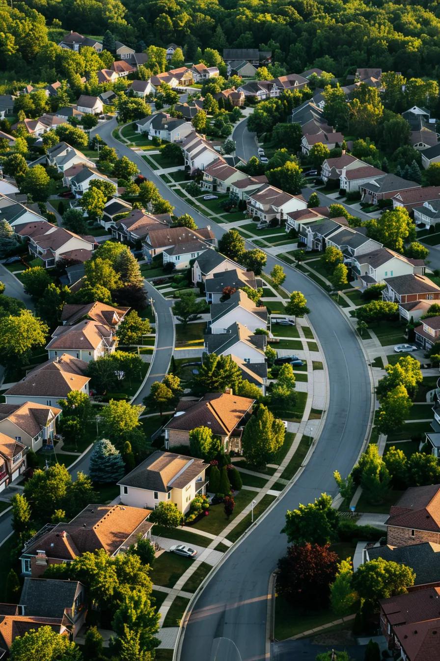 Aerial view of suburban neighborhood featuring winding streets, residential houses with varying architectural styles, and lush green trees, illustrating the appeal of properties for sale under a Contract for Deed.
