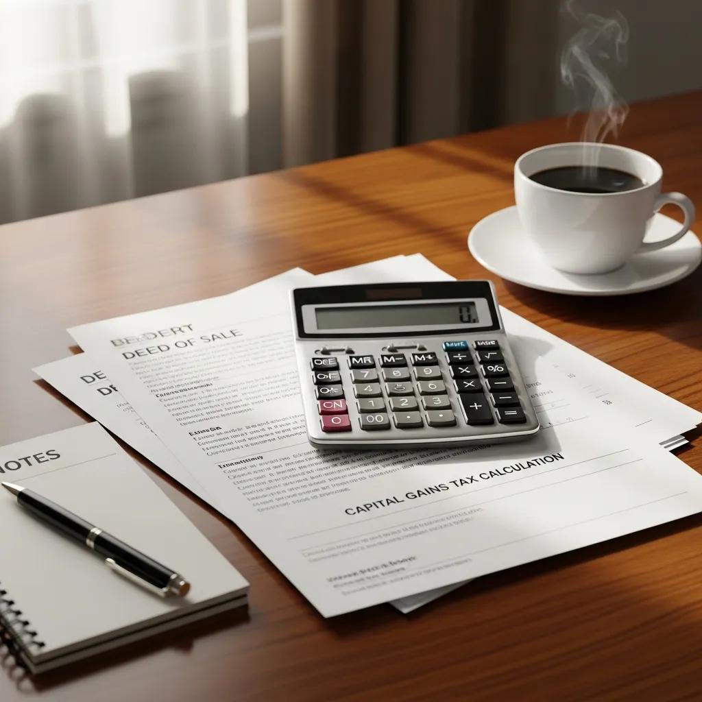 Calculator and property documents showing capital gains calculations