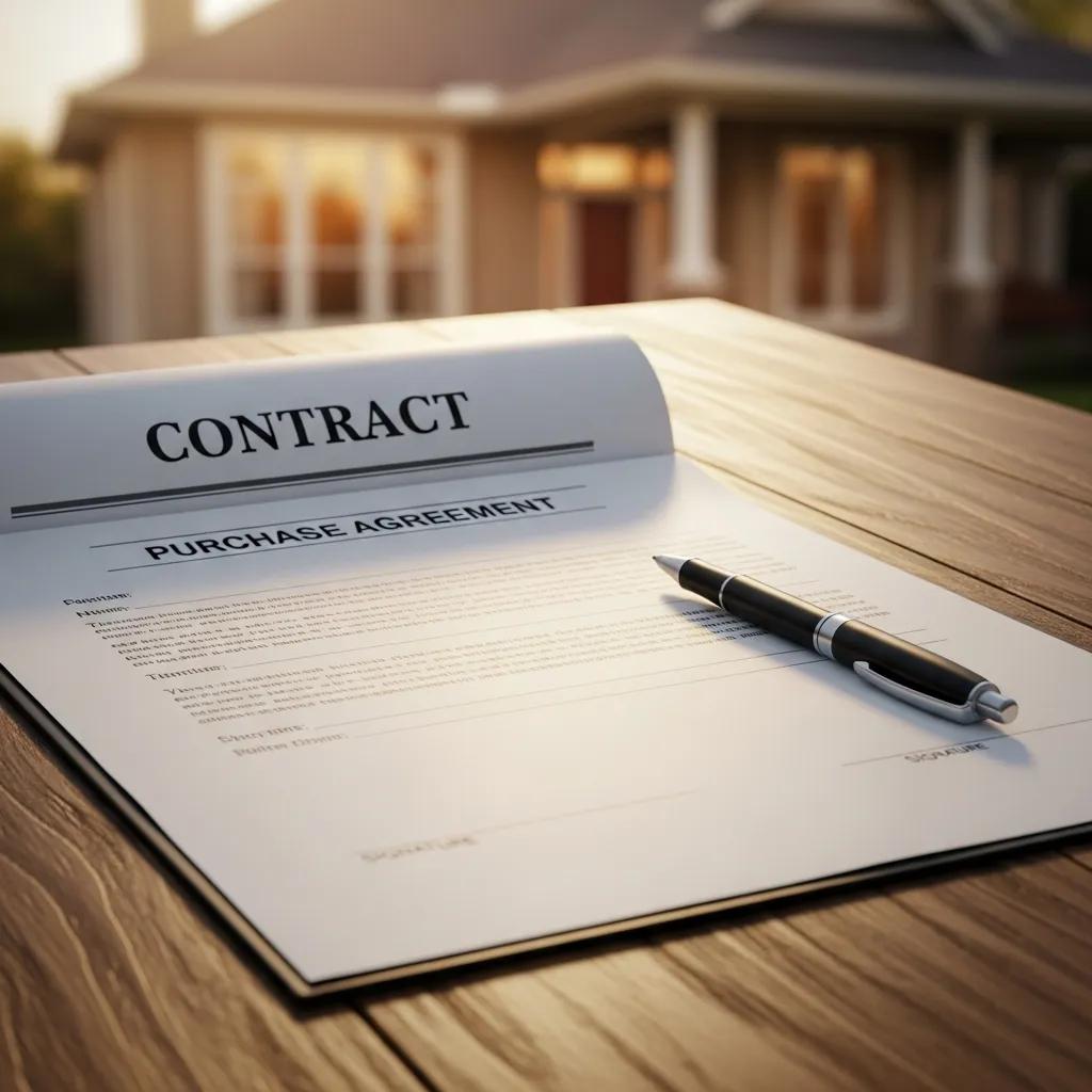 Close-up of a real estate contract titled "Purchase Agreement" with a pen, set on a wooden table, and a house in the background, symbolizing Contract-for-Deed transactions and buyer due diligence.
