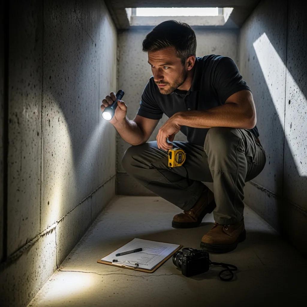 Home inspector evaluating foundation with tools and checklist