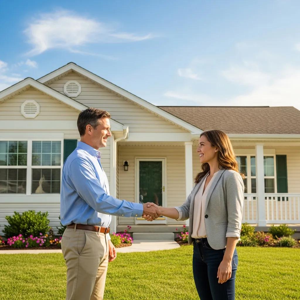 Seller and buyer shaking hands outside a home after agreeing on seller financing